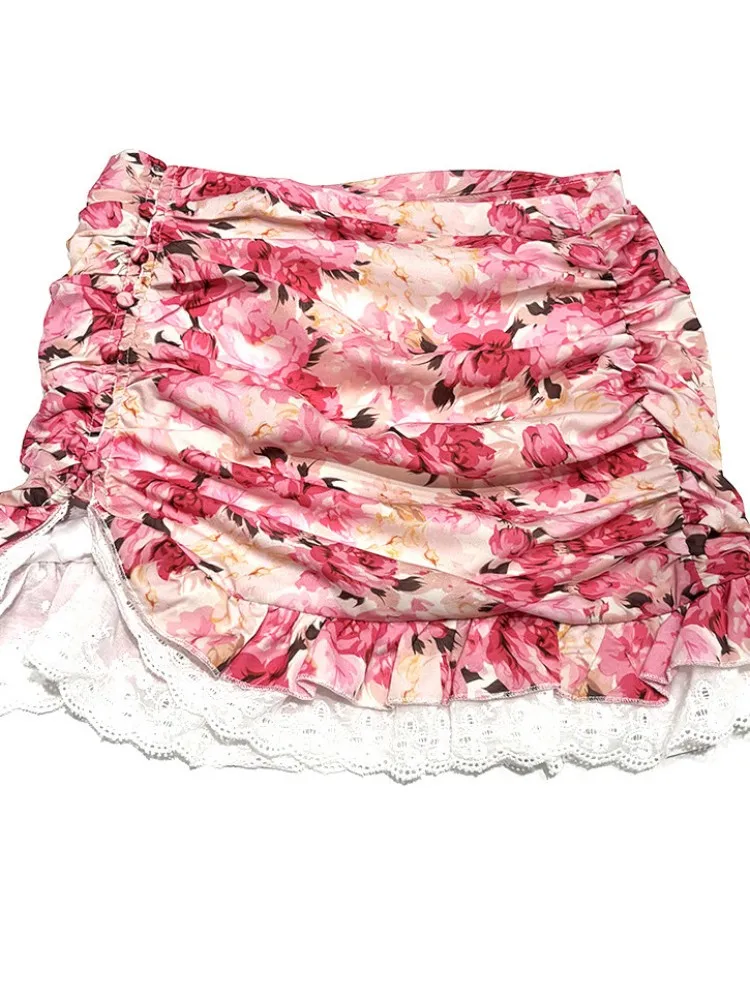 Summer Cool Sweet Female Retro Flowers Breathable Skirt Fashion Ladies Ruffle Lace Drop Waist Single-Breasted Short Skirts