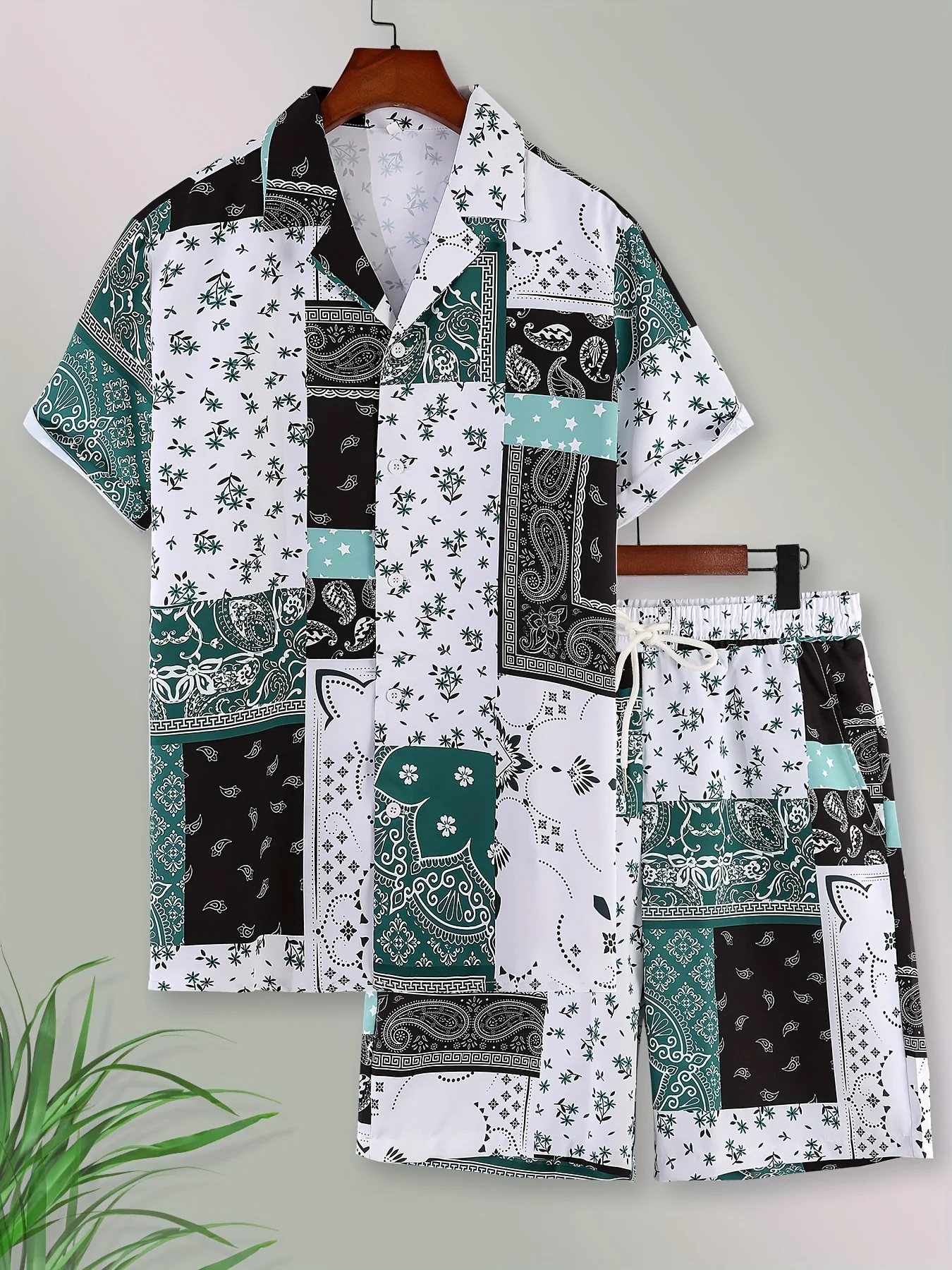 

2025 Men shirt Shorts Sets Print Patchwork Lapel Sleeve Casual Shirt Beach Shorts Summer Streetwear Vacation Hawaiian Suits Men