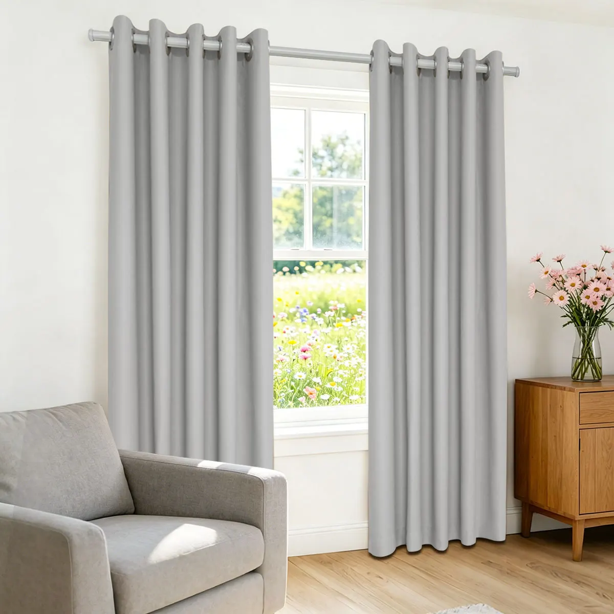 Light Gray Solid High‑Density Blackout Curtain, Grommet Top, Privacy Window Curtain for Bedroom Living Room, 2 Panels