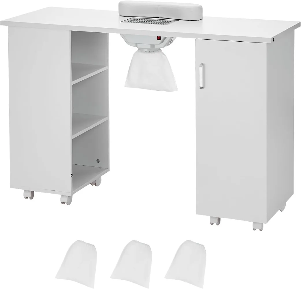 Manicure Table, Nail Table Station with Electric Dust Collector, Moveable Nail Tech Desk with 8 Wheels (8 Lockable), 3 Dust Bag