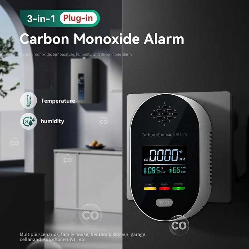 3-In-1 Carbon Monoxide Detector Temperature And Humidity Detector Portable CO Monoxide Alarm Gas Detector US Plug