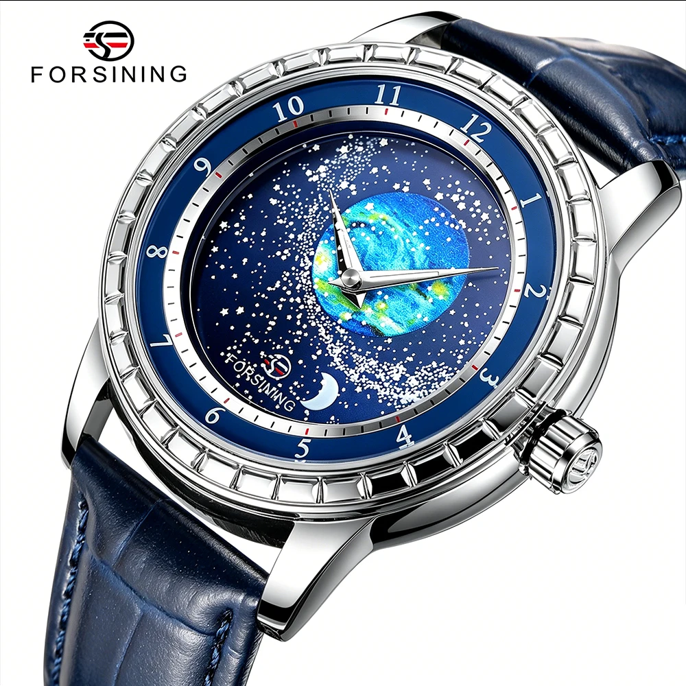 FORSINING New Diamond Bezel Man Mechanical Automatic Watch Starry Sky Earth Dial Genuine Leather Waterproof Business Dress Watch