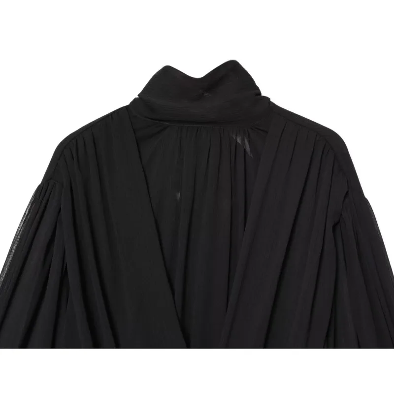 Women Fold Translucent Balloon Version Shirts Autumn Standing Collar Long Sleeve Back Bow Blouses Casual Female Tops