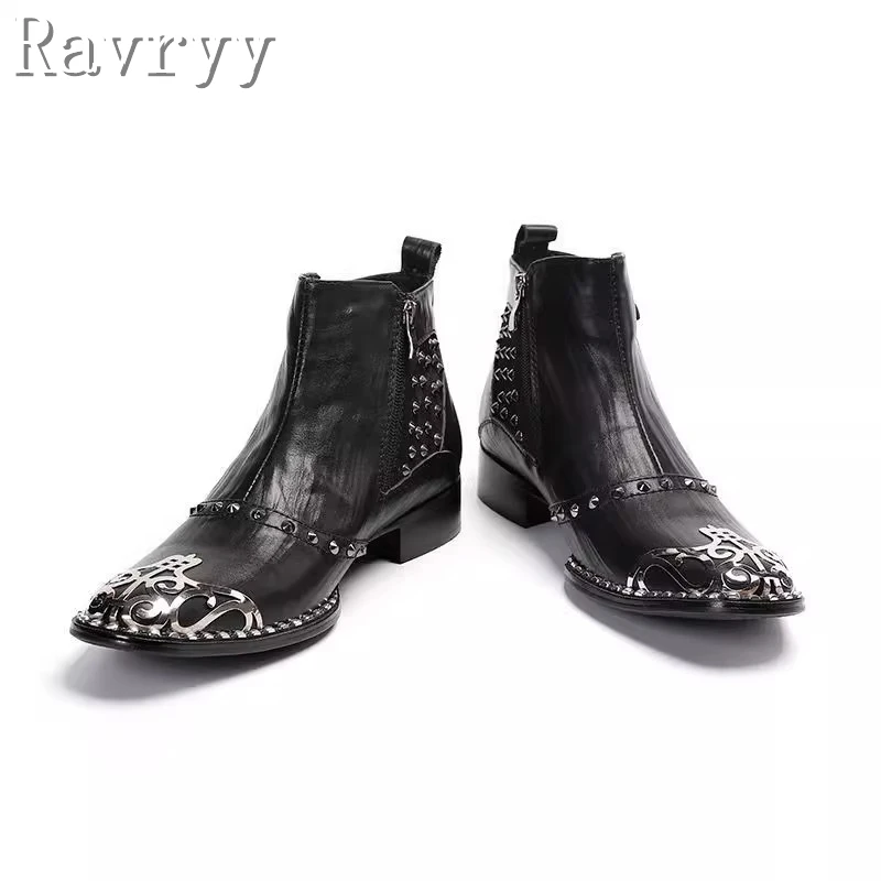 Brand New Black Genuine Leather Men Short Boots Luxury Handmade Metal Decor Rives Zip Ankle Boots Fashion Party Banquet Shoes