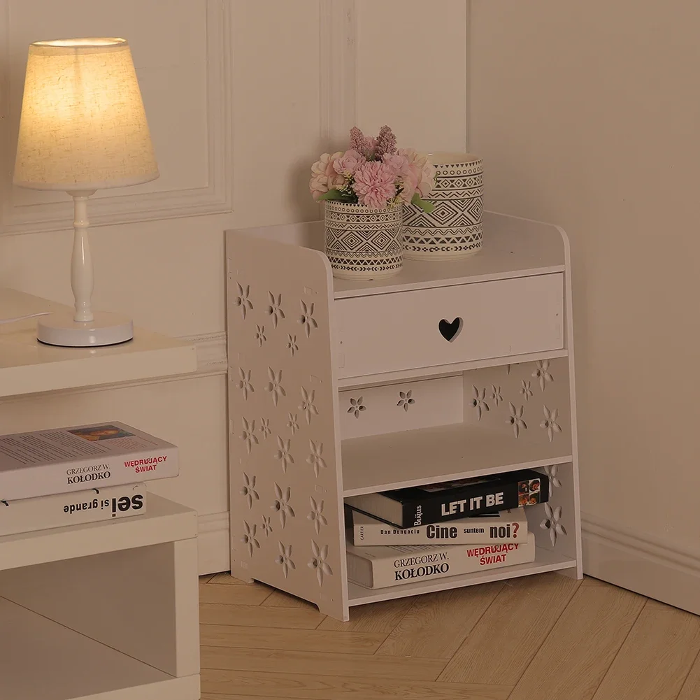 Hollow Carved Bird Pattern Side Table Nightstand with Drawer for Bedroom