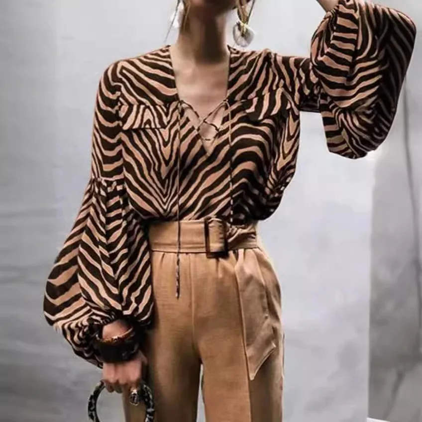 

Fashion Long-sleeved V-neck Shirt Tops For Women Elegant Autumn Zebra Printing Lace-up Loose Casual Lantern Sleeves Tops Female