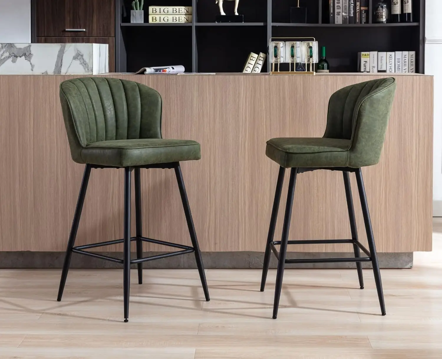 Counter-Ensemble de 2 chaises de bar modernes avec dossier, tabourets de bar en cuir avec repose-pieds en métal