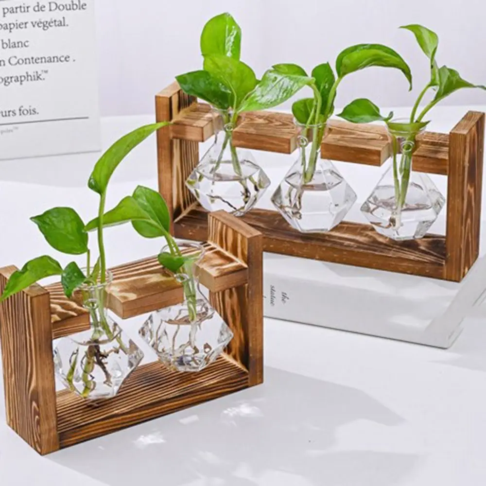 

Bonsai Decor Hydroponic Plant Vase Wooden Frame Glass Combination Flower Pot Tabletop Tray Transparent