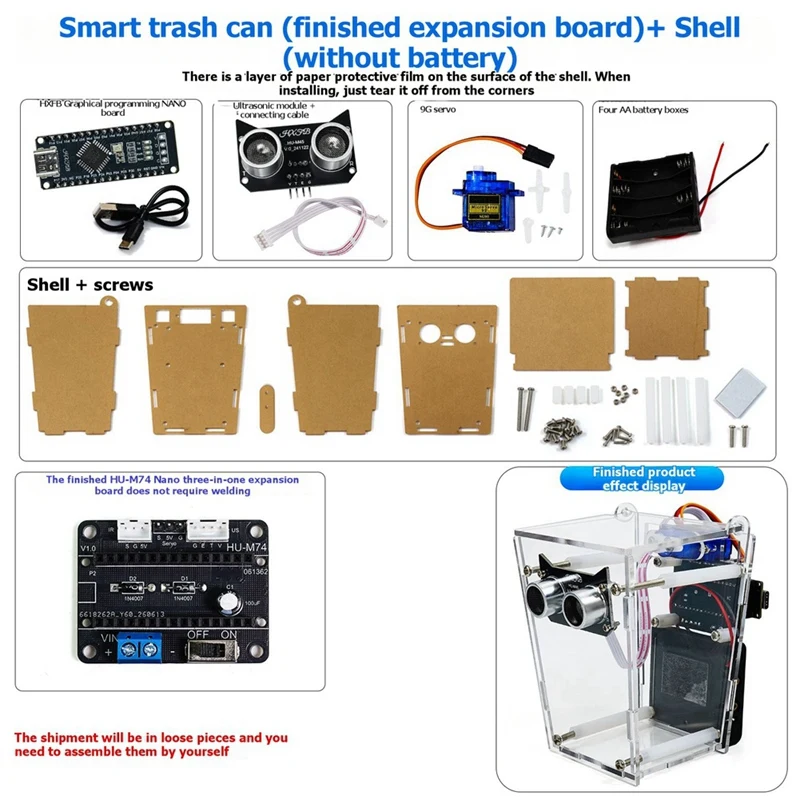 DT98 Smart Trash Can Electronic DIY Kit HU-M74 for Nano Board 3-in-1 Expansion Graphical Programming Support