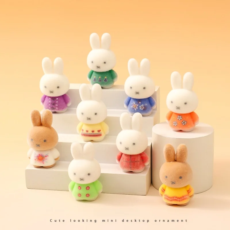 Kawaii Flocking Miffy Rabbit Statue Cute Cartoon Desk Decor Figurine Desktop Ornament Home Car Shelf Decoration Collectible Gift view 3