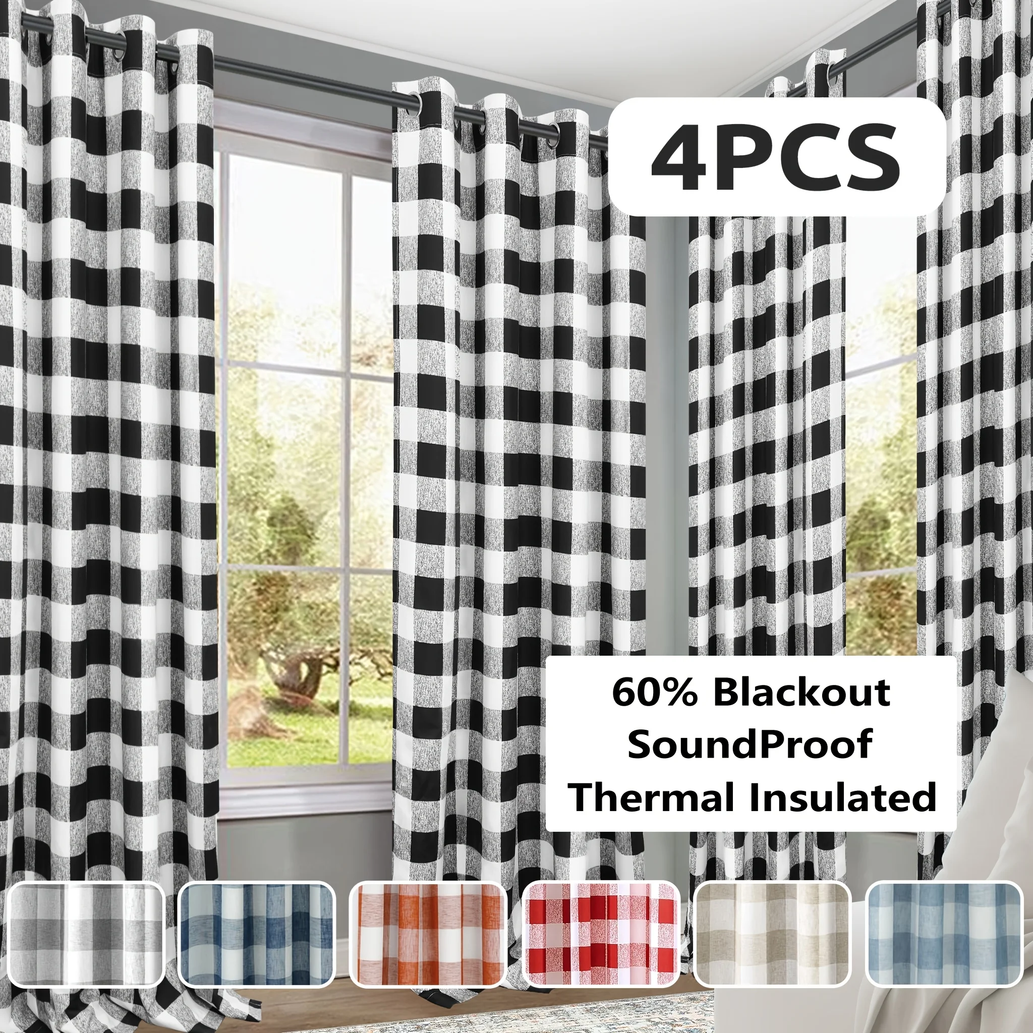 4 Panels Buffalo Plaid Check Curtains Blackout Thermal Insulated Grommet Window Drapes For Farmhouse Living Room