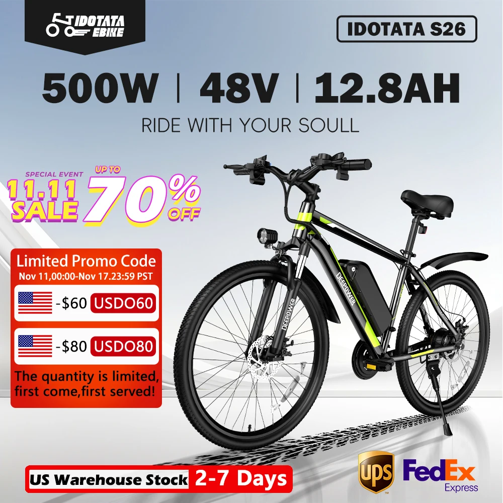 IDOTATA Electric Bicycle 48V 12.8AH Lithium Battery 500W Motor Adult Mountain Electric Bike 21Speed Cycling Bicycle 26INCH Ebike