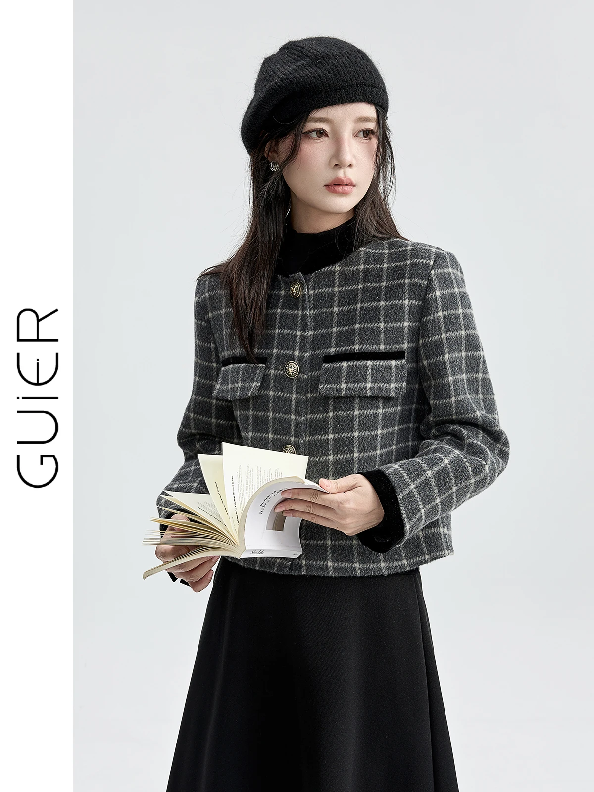 

Guier Plaid Woolen Coat Women's Autumn Winter New Design Retro Sle Top Buttoned Long Sve ort Loose Fit Coat