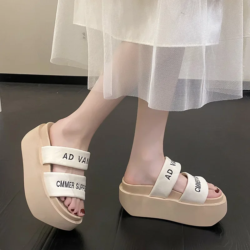 Summer 2023 Chunky Sandals Women\'s Thick Bottom Wedge Heels Slides 8CM High Heels Platform Leather Casual Beach Flip Flops Woman