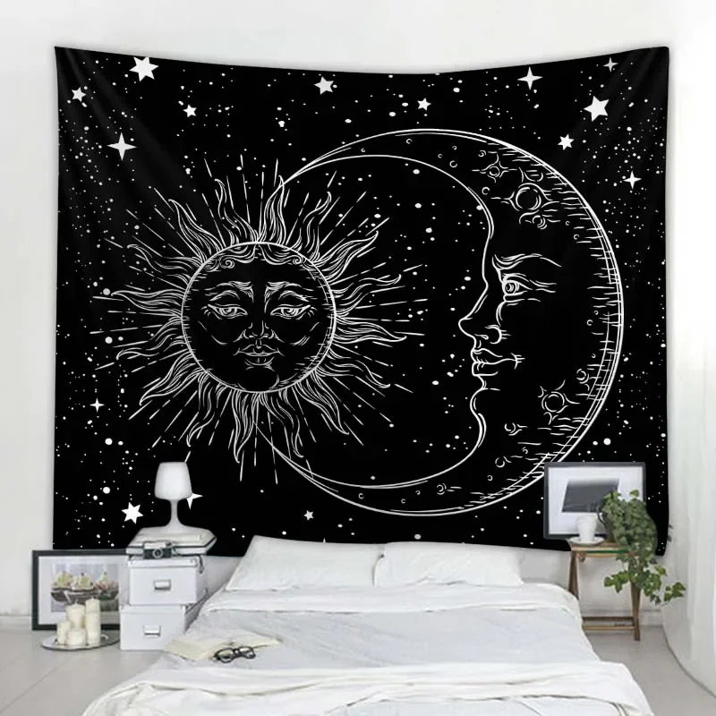 

Black and white printing tapestry sun moon mandala witchcraft wall hanging hippie room decoration psychedelic wall decoration