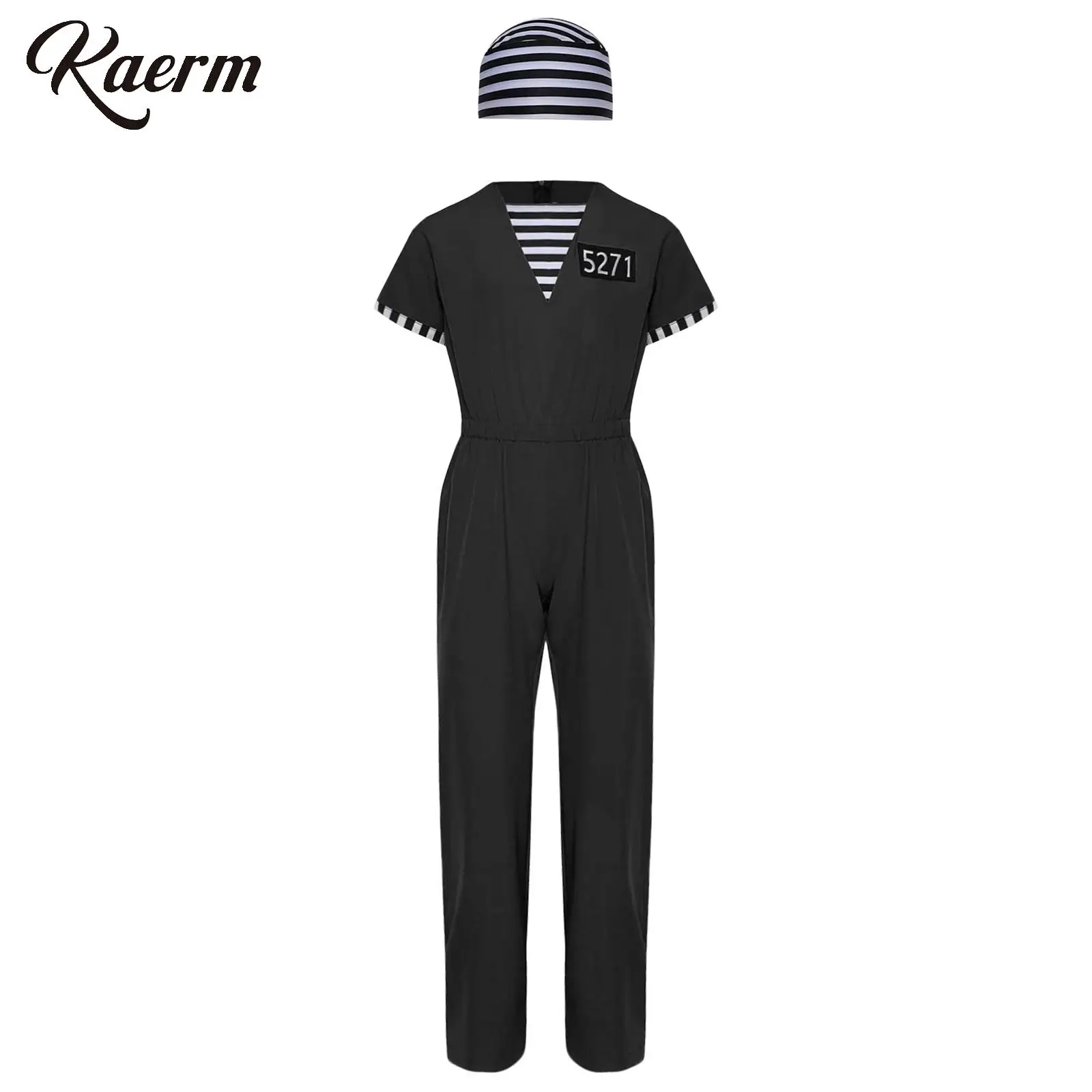 

Kids Halloween Prisoner Costume Stripes Prisoner Jumpsuit with Hat Jailbird Inmate Prison Uniform Themed Party Cosplay Costume