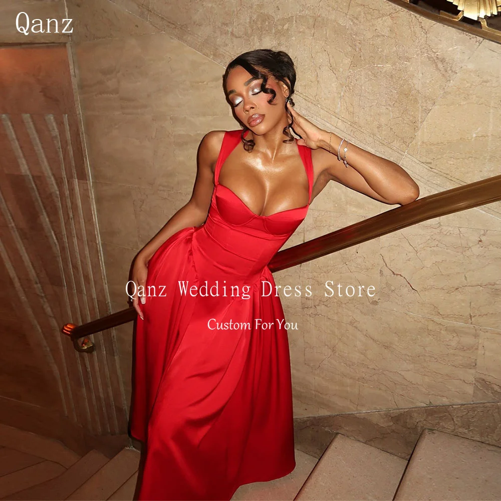 

Qanz Modern Red Dresses 2024 Women Spagheti Straps Satin A Line Prom Dresses Lace Up Back Wedding Party Dress Customized