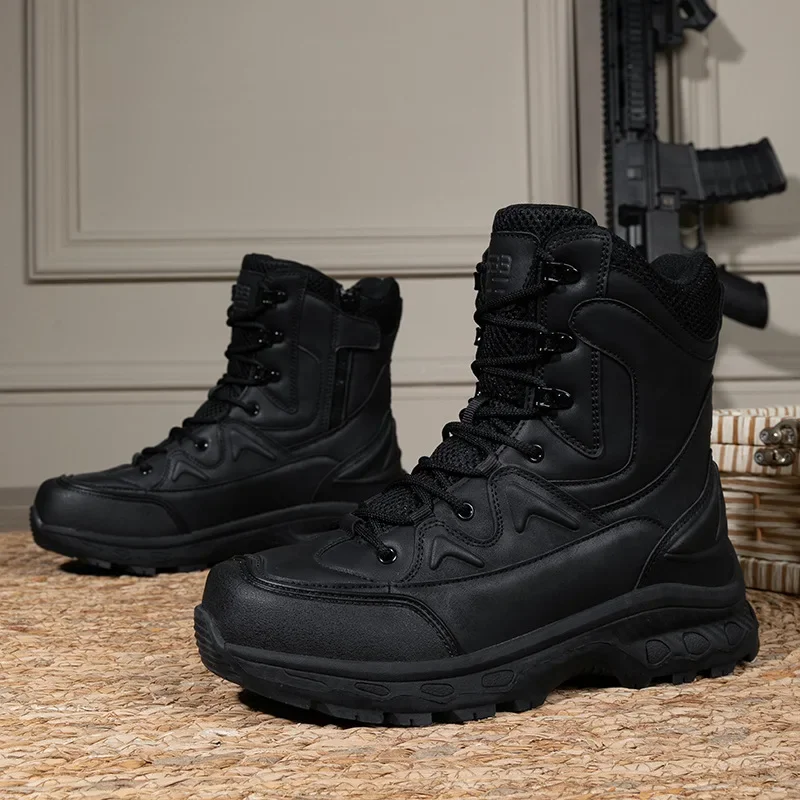 Combat boots, PU mesh fabric, mid cut, wear-resistant tactical boots, outdoor sports hiking shoes, hiking military boots