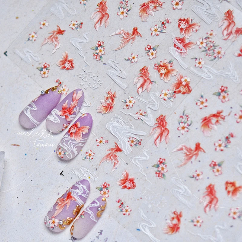 Chinese Style Goldfish Summer Beach Holiday Sea Carp Koi Fish Dolphin Jelly Mermaid Soft Relief Nail Art Stickers Manicure Decal