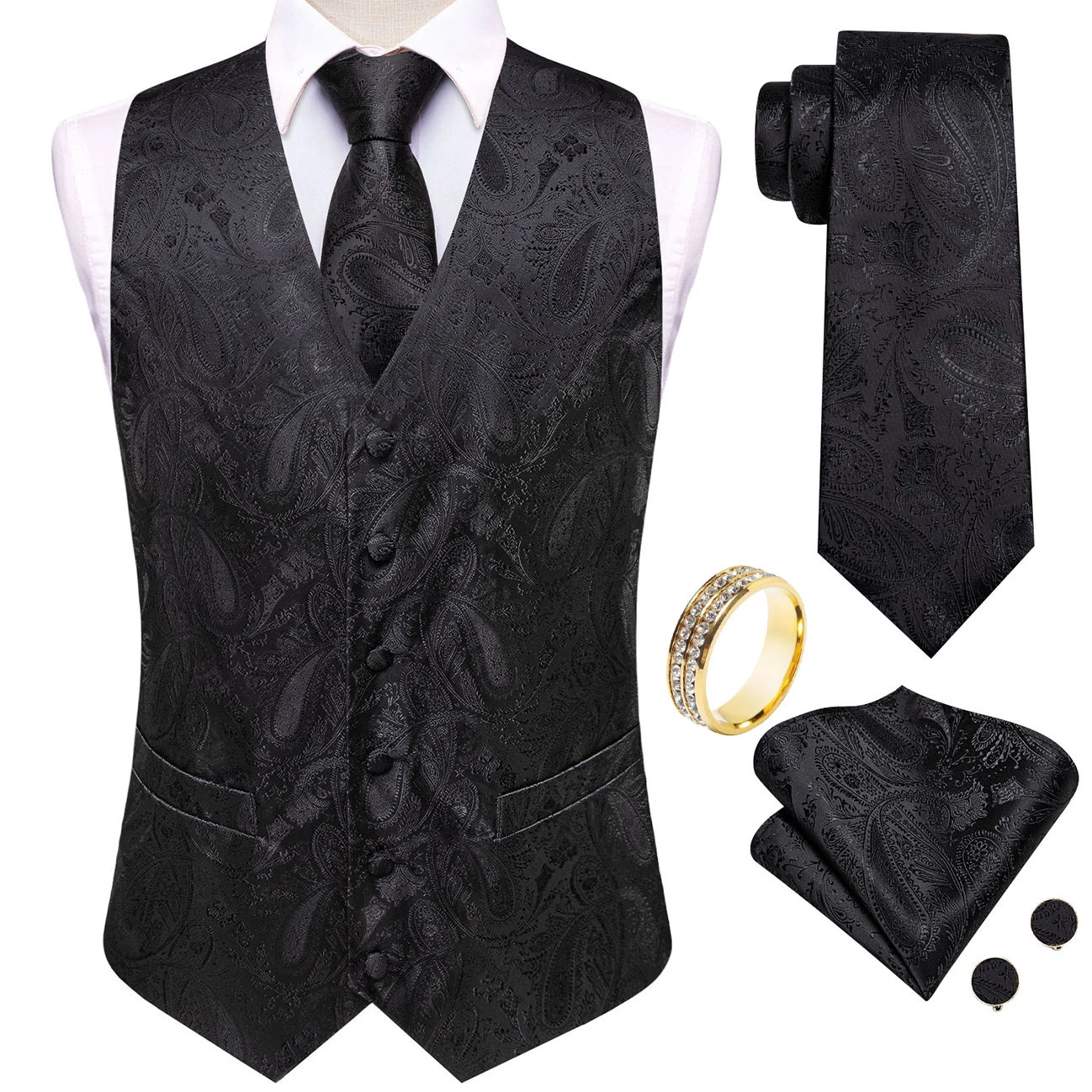 Solid Black Paisley V-Neck Vest Accessory Kit Tie Pocket Square Cufflinks Ring For Business Annual Event
