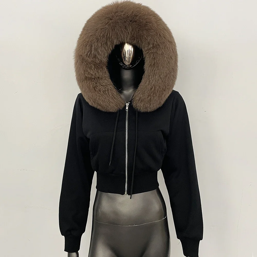 OFTBUY Lässige neue Winter-Oberbekleidung für Damen, echte Fuchspelz-Kapuzenjacke, kurze Jacke mit Reißverschluss und flauschigem Waschbärpelzbesatz. – Detail 20
