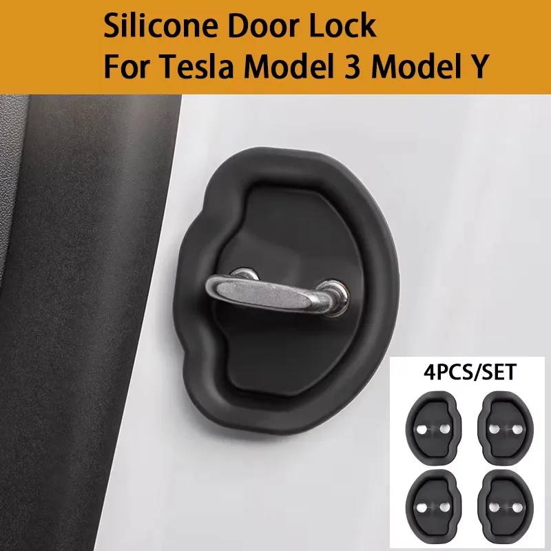 4pcs For Tesla Model 3 Model Y Car Door Mute Damping Cushion Silicone Door Lock Buckle Car Door Anti-collision Protective Cover