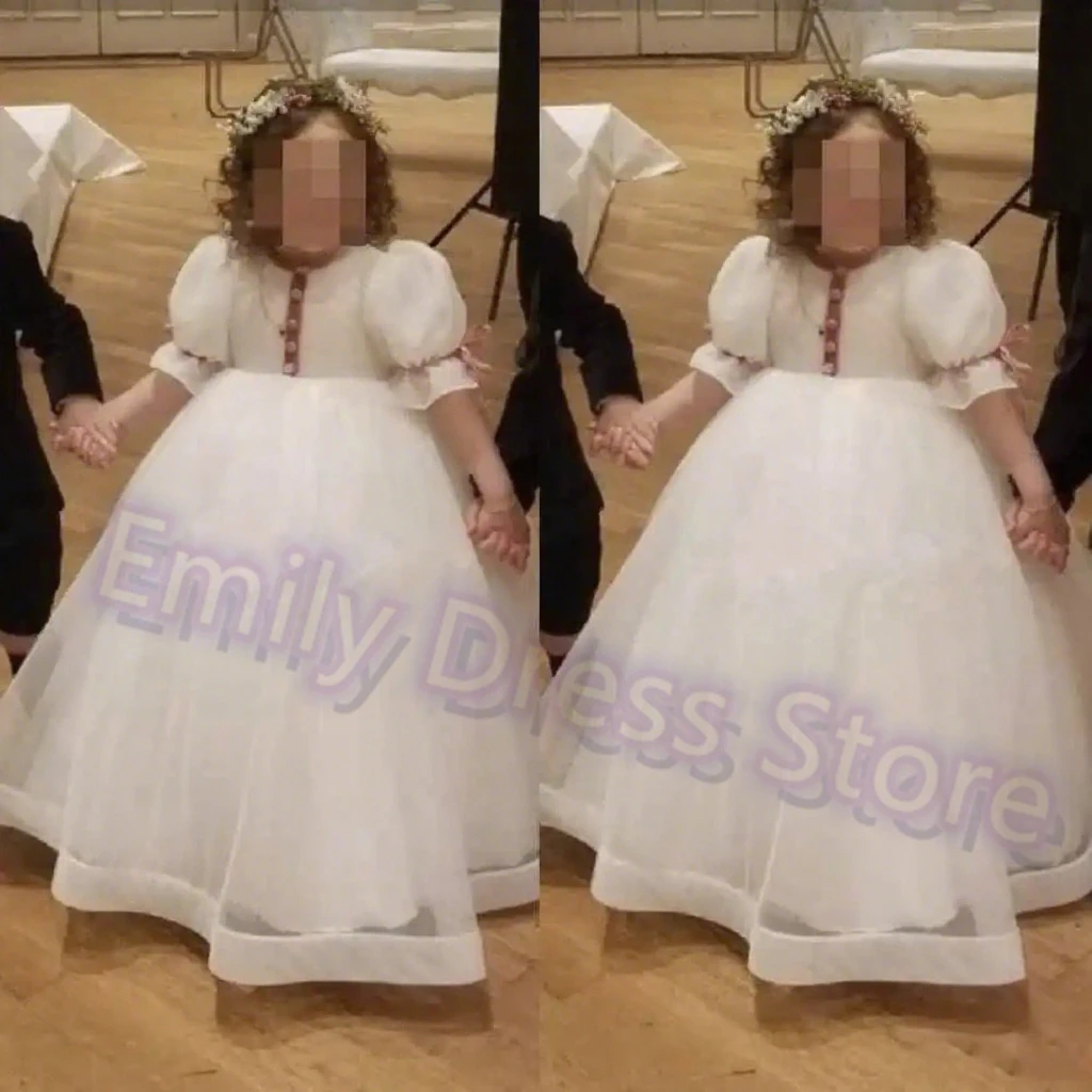 

Customized Ivory Flower Girl Dresses For Wedding Half Sleeves Floor Length Kids Birthday Party Princess First Communion Gowns