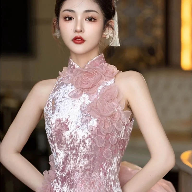 

Morning gown toasting dress new light luxury niche Chinese pink women halter