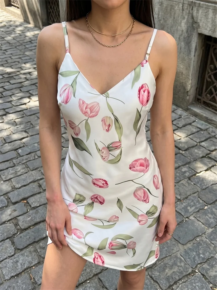 

Tossy French Floral Satin Slip Dress Women Sexy V Neck High Slit Backless Maxi Dress Vintage Silk Long Party Summer Dresses New