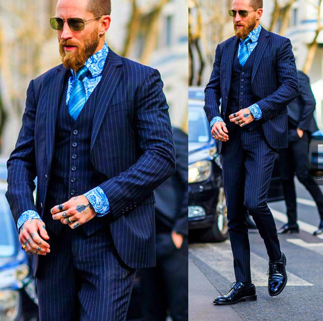 Blue Striped Men Suits Groom Tuxedos 3 Pieces New Dark Slim Fit Best Men Wedding Business Costume Homme Blazer+Vest+Pants