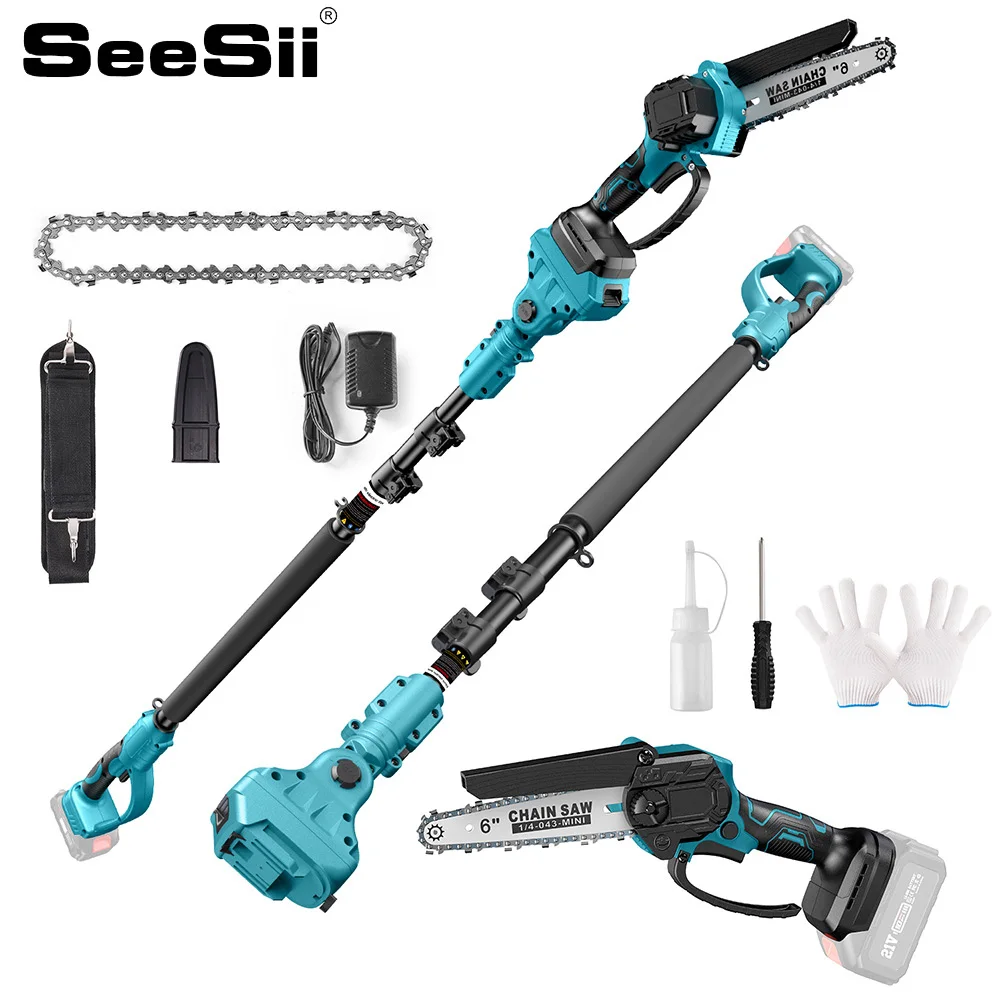 SEESII 6\'\' Brushless Electric Chainsaw High Branch Saw 2.8m Extension Pole Rod Garden Power Tools For Makita 18v battery