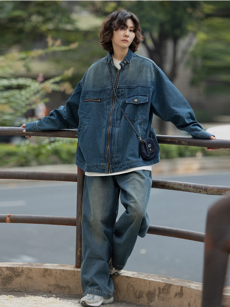 Japanese Denim Set Men Women Washed Distressed Loose Cargo Jacket+Retro Straight-leg Wide-leg Casual Jeans Street Hip Hop Suit