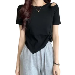 New Summer Fashion Y2K T-shirt Woman Hollow Out Sexy Crop Top High Waist Short Sleeve Tee Shirt Women Pleated Clothes Kpop