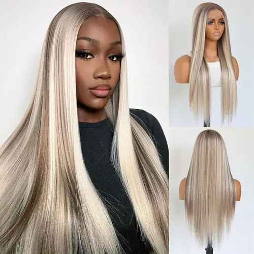 Imagen 2 del producto Resaltar peluca con malla frontal rubia ceniza recta Ombre marrón Rubio mezclado 13x4 pelucas delanteras de encaje sintético para mujeres 24 pulgadas