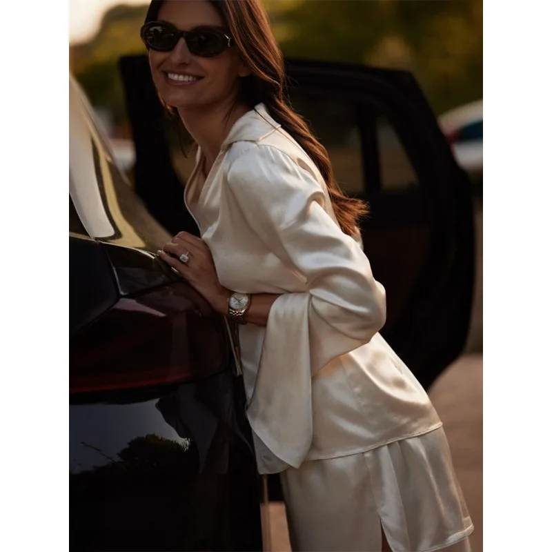 2025 Spring Summer New European American Style Lace Up Long Sleeved Shorts Pajamas Set Comfortable Simulated Silk Loungewear