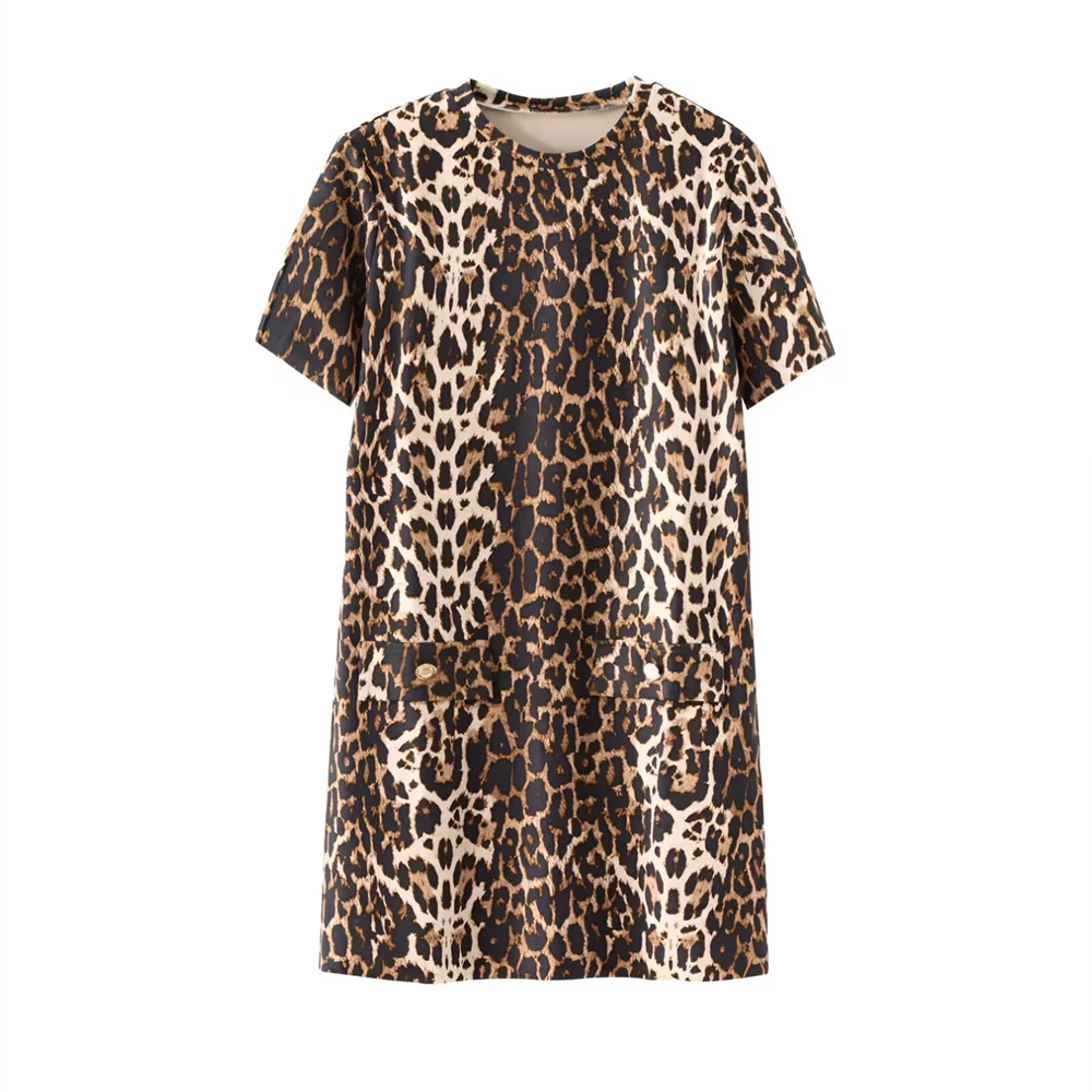 2024 Spring Summer New Women\'s Fashion and Elegance Versatile Animal Print Short Sleeve Pocket Dress