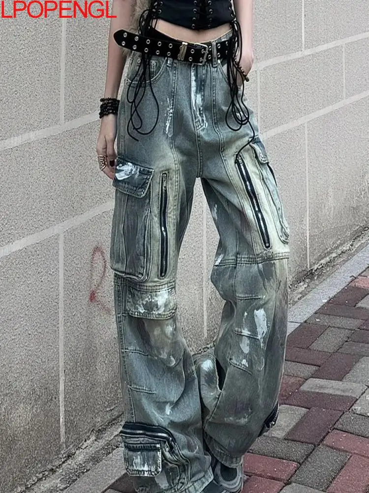 

American Retro Graffiti Dirty Wash Pleated Workwear Jeans 2026 Women Wash Distressed Multi Pocket Straight Wide Leg Mop Pants