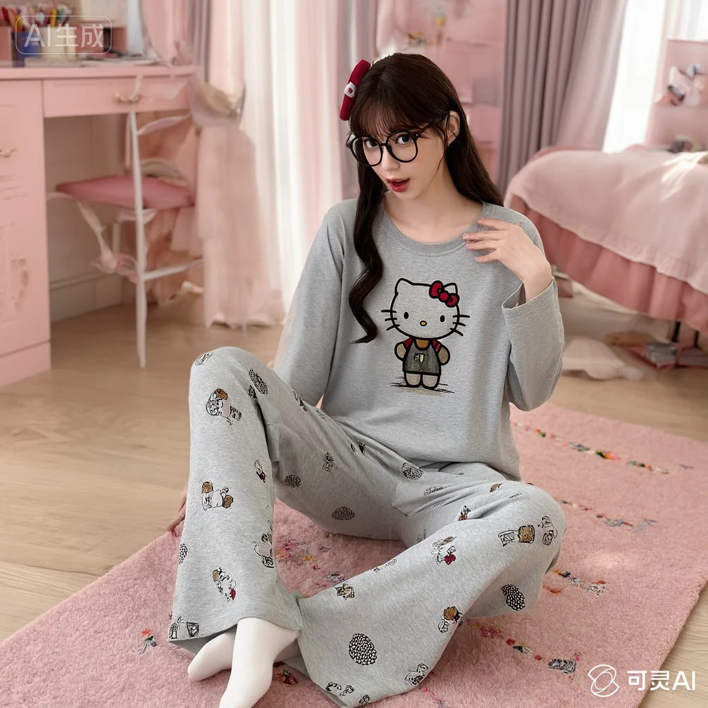 

Sanrio Kawaii Sweet Hello Kitty пижамы осень-зима с длинными рукавами, милый мультяшный комплект для сна, мягкий и удобный домашний комплект