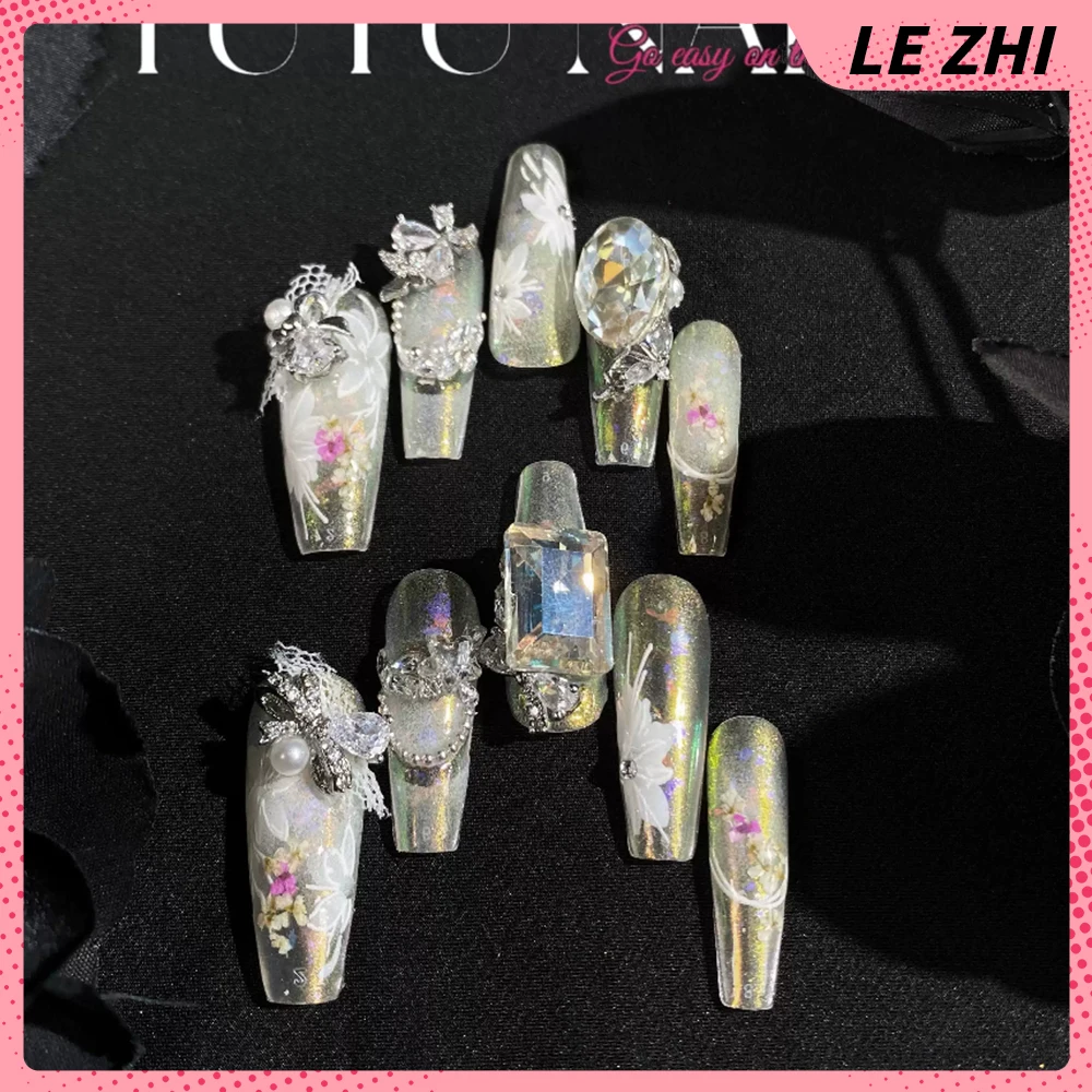 10Pcs Luxury High Quality Engagement Manicure Colorful Rhinestones False Nails Long Coffin Stiletto Camellia Wearable Fake Nails