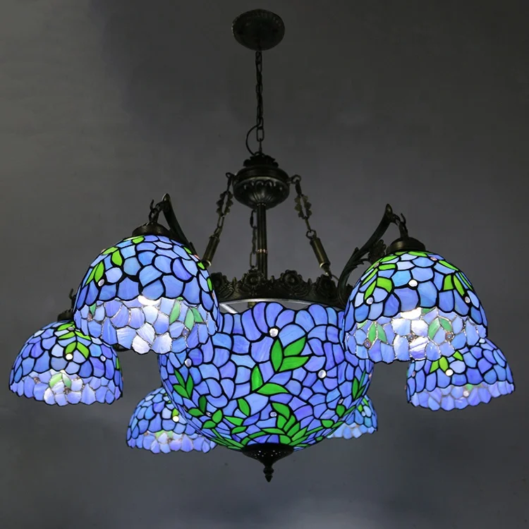 Blue Wisteria Baroque Stained Glass  Chandelier Adjustable Victorian Chandelier for Living Room Dining Room