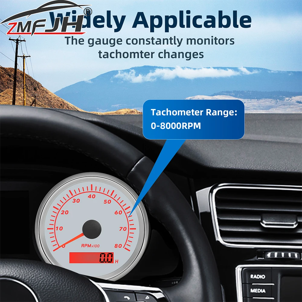 

85mm Tachometer 3000-8000 RPM Tacho Gauge With Red Backlight With Hourmeter For 2-10 Cylinders For Marine Boat Car Yacht