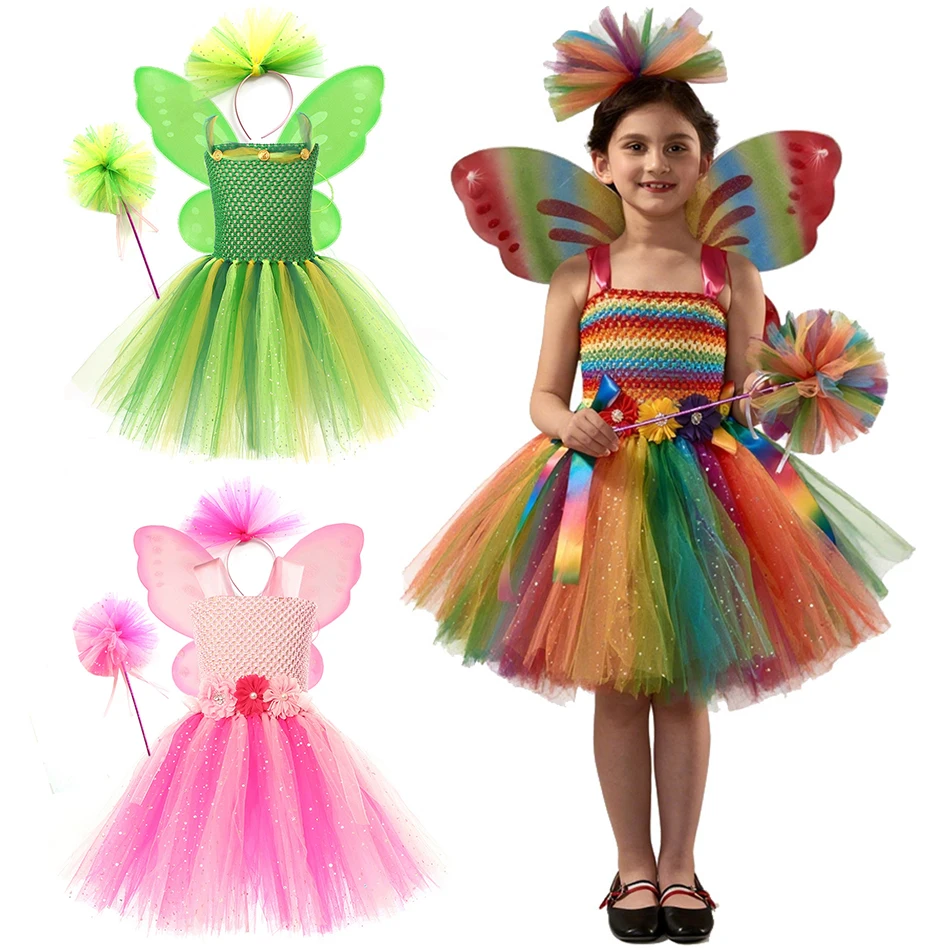 

Kids Rainbow Butterfly Fairy Princess Dress Sequin Girls Pink Green Mesh Elf Sleeveless Outfits Halloween Carnival Tutu Clothes