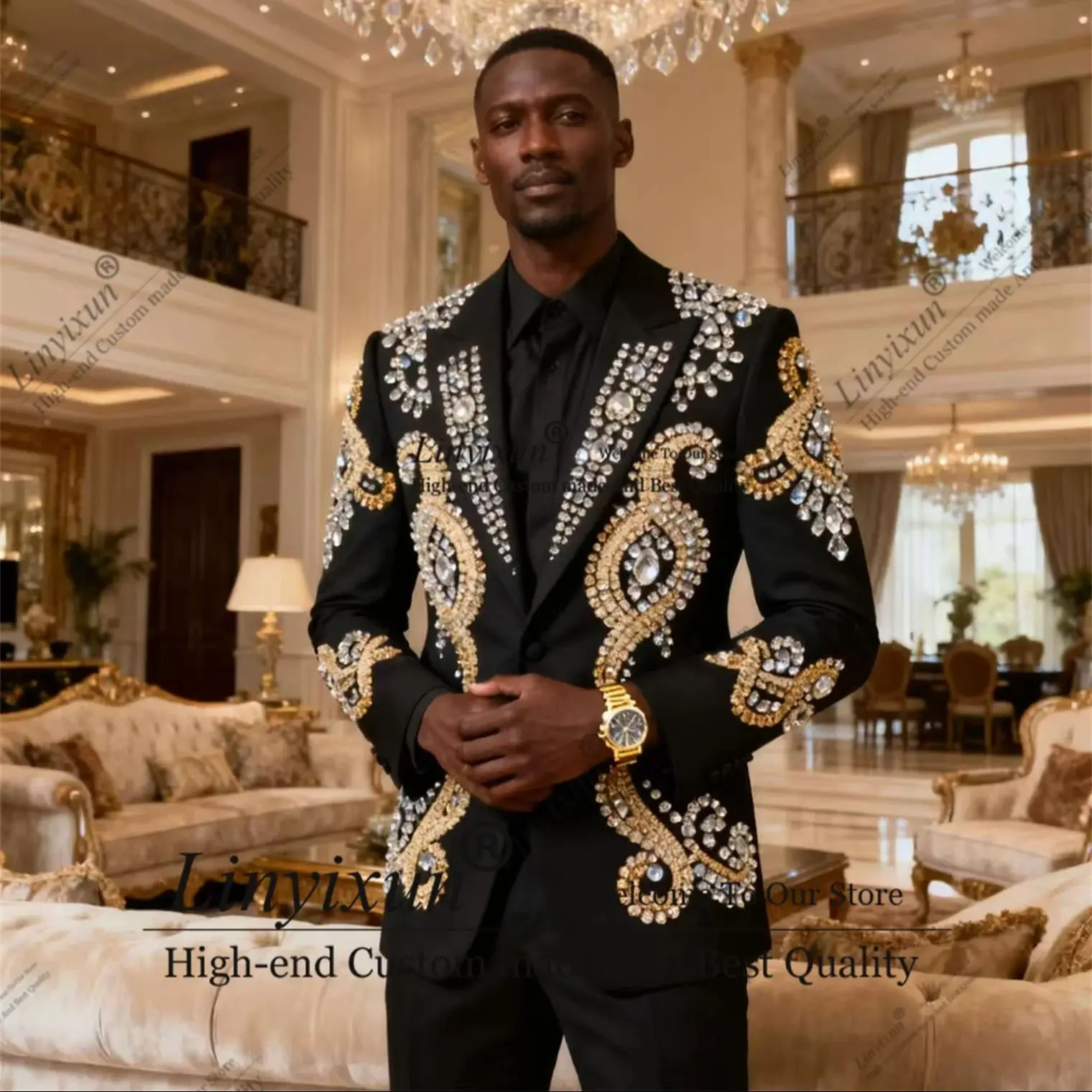 

Элегантный орнамент со стразами, мужские костюмы, комплекты из 2 предметов, мужские пиджаки для жениха, формальные облегающие свадебные смокинги по индивидуальному заказу, Ropa hombre