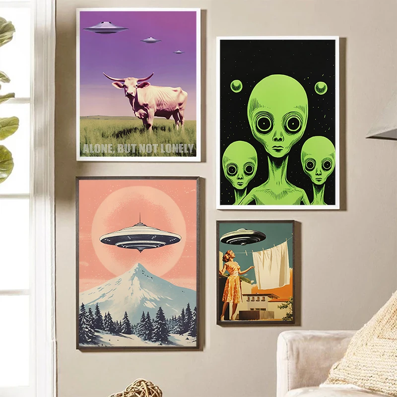 Funny Retro UFO Poster Flying Saucer Kidnapping Cows Alien Drinking Coffee Print Canvas Painting Wall Art Picture Home Decor