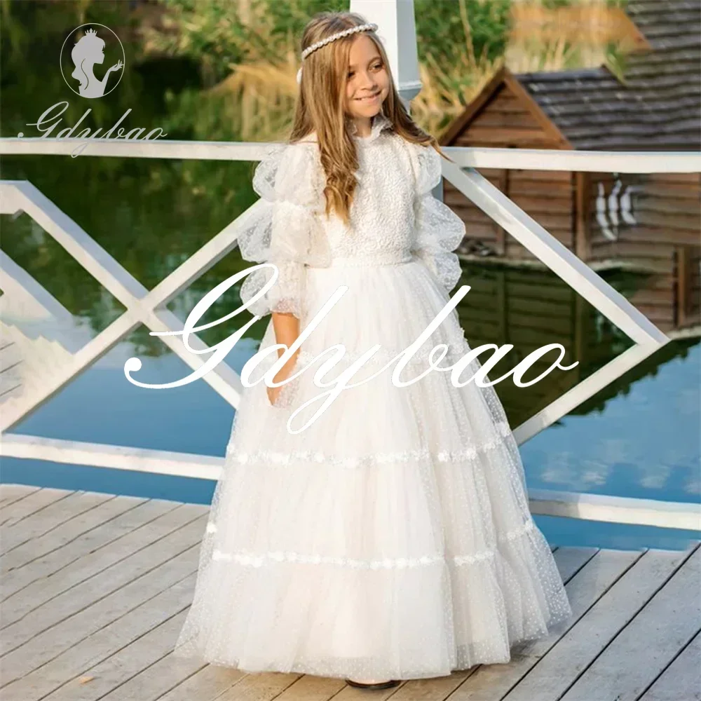 Elegante vestido Formal de manga larga abullonada, línea A, plisado, fiesta de boda, niña de las flores, largo hasta el suelo, baile, primera comunión, nuevo