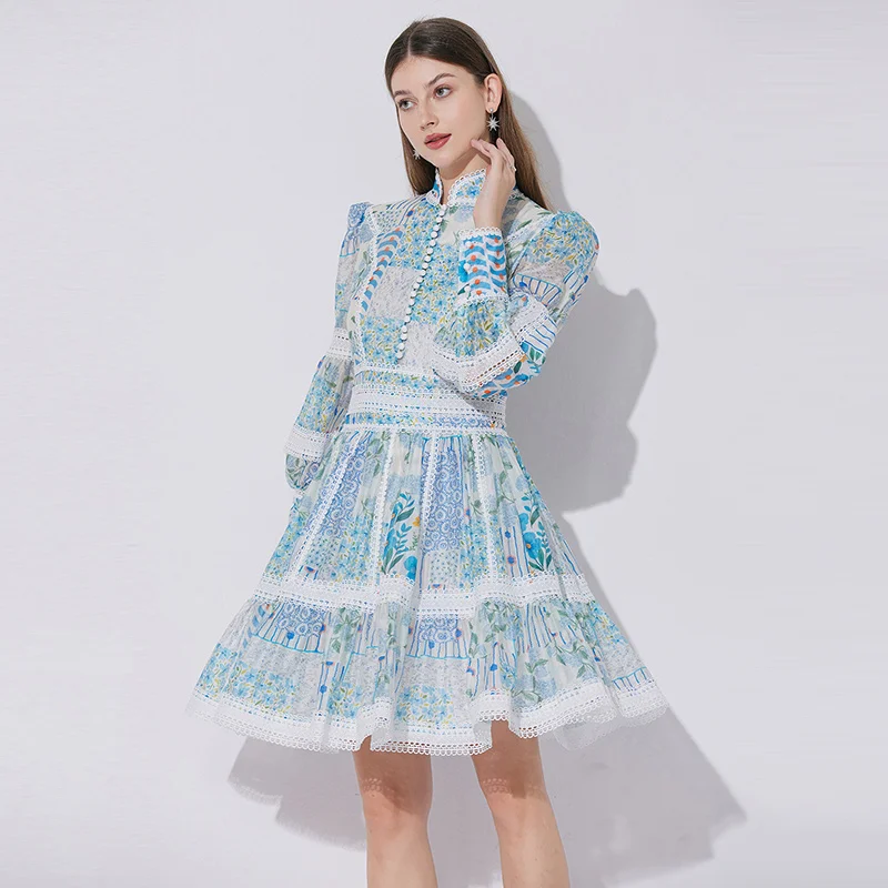 Fashion Long Sleeve Dresses for Women Print Stand Collar Women Dress Elegant A-LINE Dress Women Vestidos De Verano Mujer Q327