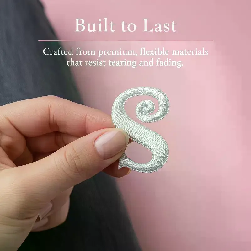 White Embroidered Alphabet Patches With Vintage Curly Design And Strong Adhesive Perfect For DIY Crafts Clothing Bag Decoration