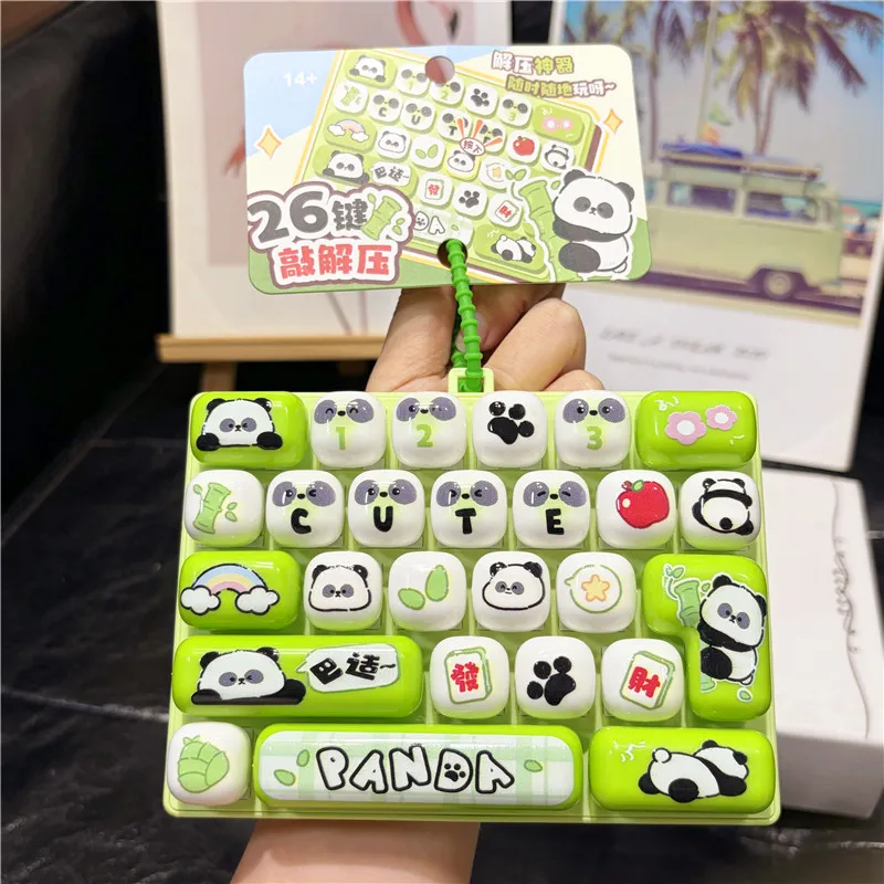 Cute Cartoon Panda Stress Relief Keychain 26 Grids Keyboard Pendant School Bag Decorations Toy Beads Plastic Material