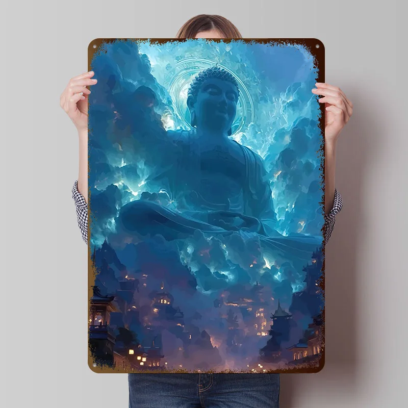 Enlightened Buddha Overlooking Printed Poster Customized Wall Art Retro Vintage Metal Tin Signs for Bedroom Decoration Gaming