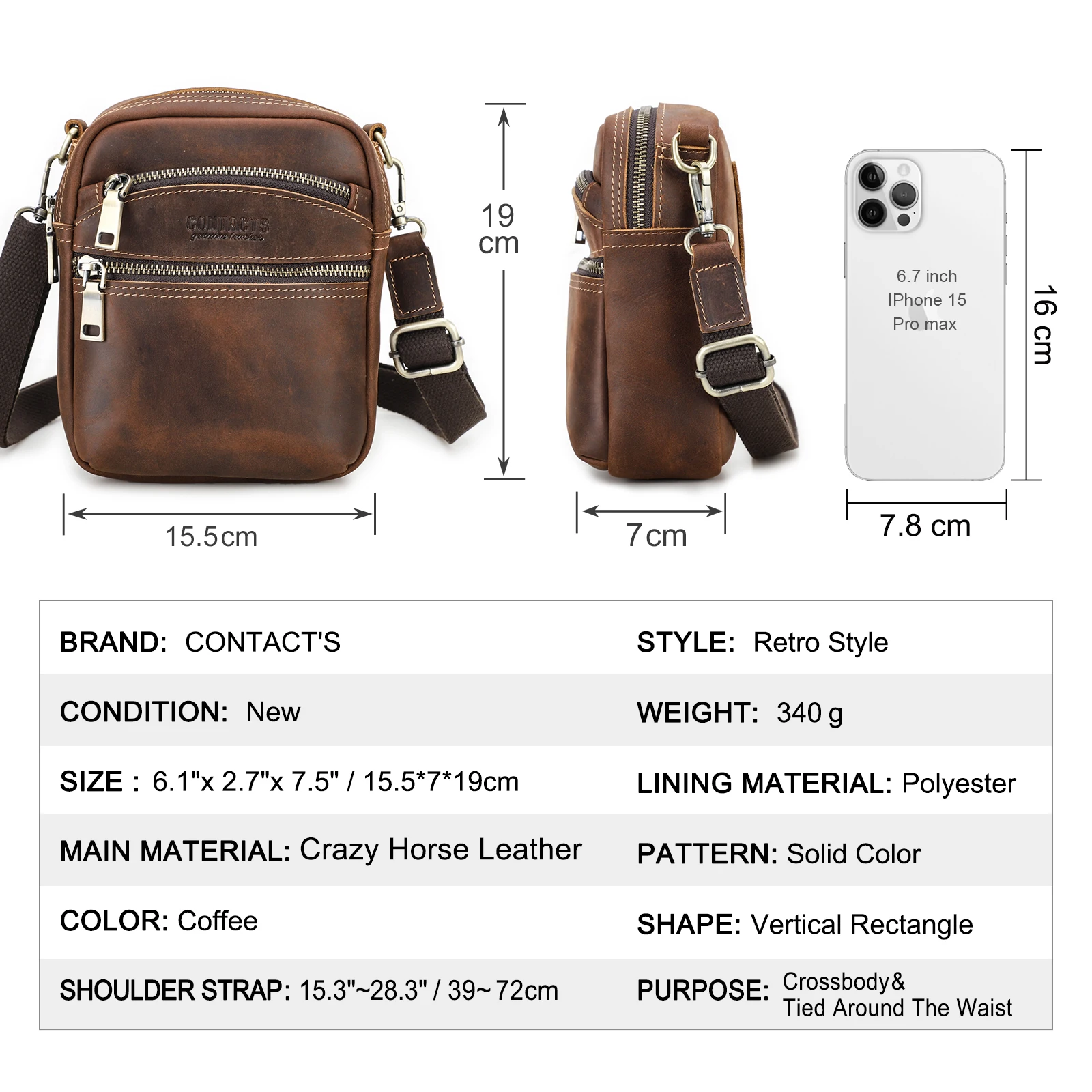 CONTACT\'S Genuine Leather Sling Phone Bags for Men Waist Packs Samll Shoulder Crossbody Bag Male Travel Bag for 6.7\